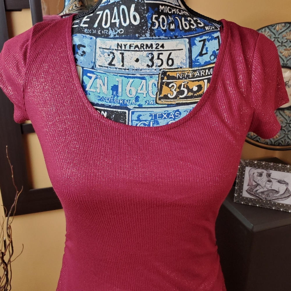 CANDIE'S BURGUNDY GOLDEN SHIMMER STRAPPY BACK TOP! - Picture 3 of 15